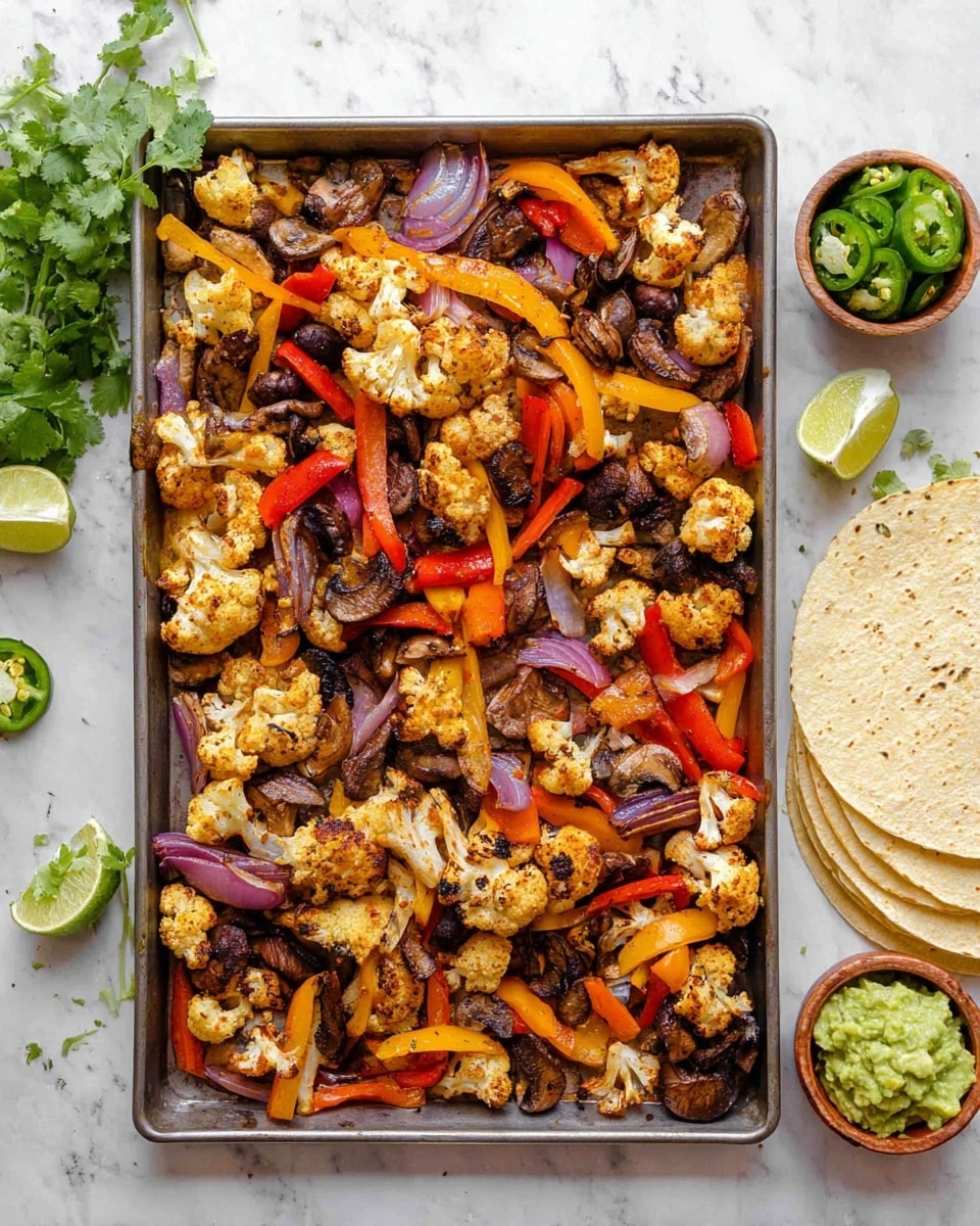 The image shows a white bowl filled with layers of food starting with a base of light brown rice. On top, there is a colorful mix of roasted vegetables including orange cauliflower, dark brown mushrooms, and red bell peppers, all slightly charred for texture. Garnishing the dish are two bright green slices of jalapeño and a small bunch of fresh green cilantro leaves placed in the center. A wedge of green lime rests on the side of the bowl. In the background, there is a white baking tray filled with more roasted cauliflower and vegetables, and two lime wedges with fresh cilantro sprigs on the white marbled surface. On the bottom left, part of a white bowl with green lettuce and a small round container with chopped tomato salsa can be seen. A folded white cloth napkin lies next to the bowl, accompanied by a fork with a black handle. photo taken with an iphone --ar 4:5 --v 7