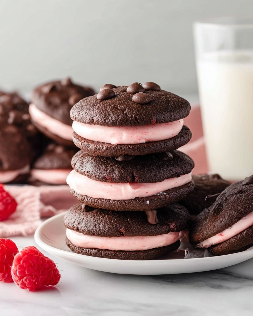 Six dark chocolate cookies are placed on a cooling rack over white parchment paper on a white marbled surface. Three cookies have a smooth layer of pink frosting spread in the middle, while the other three show chocolate chips embedded in the cookie dough. A knife with some pink frosting on the blade lies diagonally on the surface next to the rack. A few red raspberries and a gray cloth are visible around the corners. Photo taken with an iphone --ar 4:5 --v 7