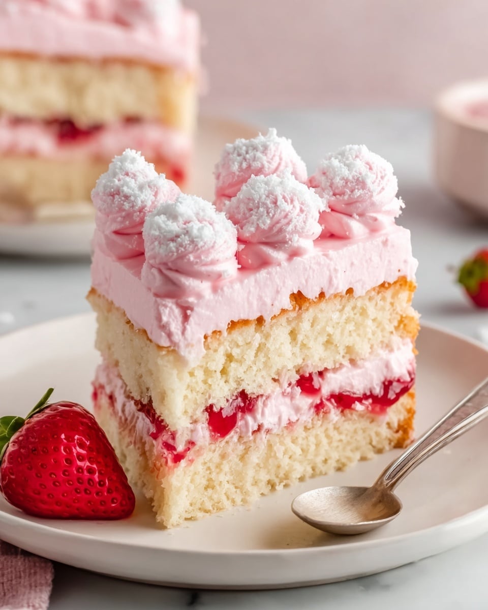 A slice of layered cake sits on a white plate, featuring two thick layers of moist, pale yellow cake. Between the layers is a bright red jam and a layer of light pink cream. The top layer is covered in smooth pink frosting that slightly drips down the sides. On top, there are five dollops of pink whipped cream dusted with white powdered sugar. A whole red strawberry rests on the plate next to the cake, and a silver spoon is placed beside it. The background shows another similar cake slice on a white plate on a white marbled surface with soft lighting. photo taken with an iphone --ar 4:5 --v 7