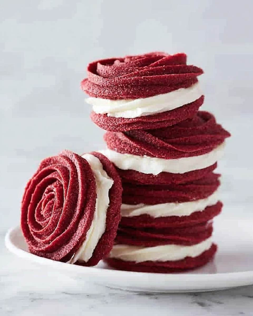 A stack of five red velvet sandwich cookies is shown, each cookie shaped with swirled, rose-like textured tops in a deep red color. Between the two red cookie layers of each sandwich is a smooth, thick layer of white cream filling, cleanly visible around the edges. Five cookie sandwiches are stacked unevenly, with one leaning against the stack on a smooth white plate. The background surface is a white marbled texture, creating a simple and clean look. Photo taken with an iphone --ar 4:5 --v 7