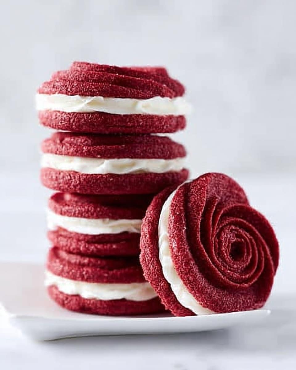 The image shows a stack of red velvet sandwich cookies, each with two deep red, velvety textured layers shaped like swirled rosettes. Between each pair of cookie layers is a thick, smooth white cream filling that contrasts sharply with the red. Five cookies are stacked vertically, with one resting in front of the stack on a white plate. The background is a soft, white marbled texture, giving a clean and bright look. Photo taken with an iphone --ar 4:5 --v 7