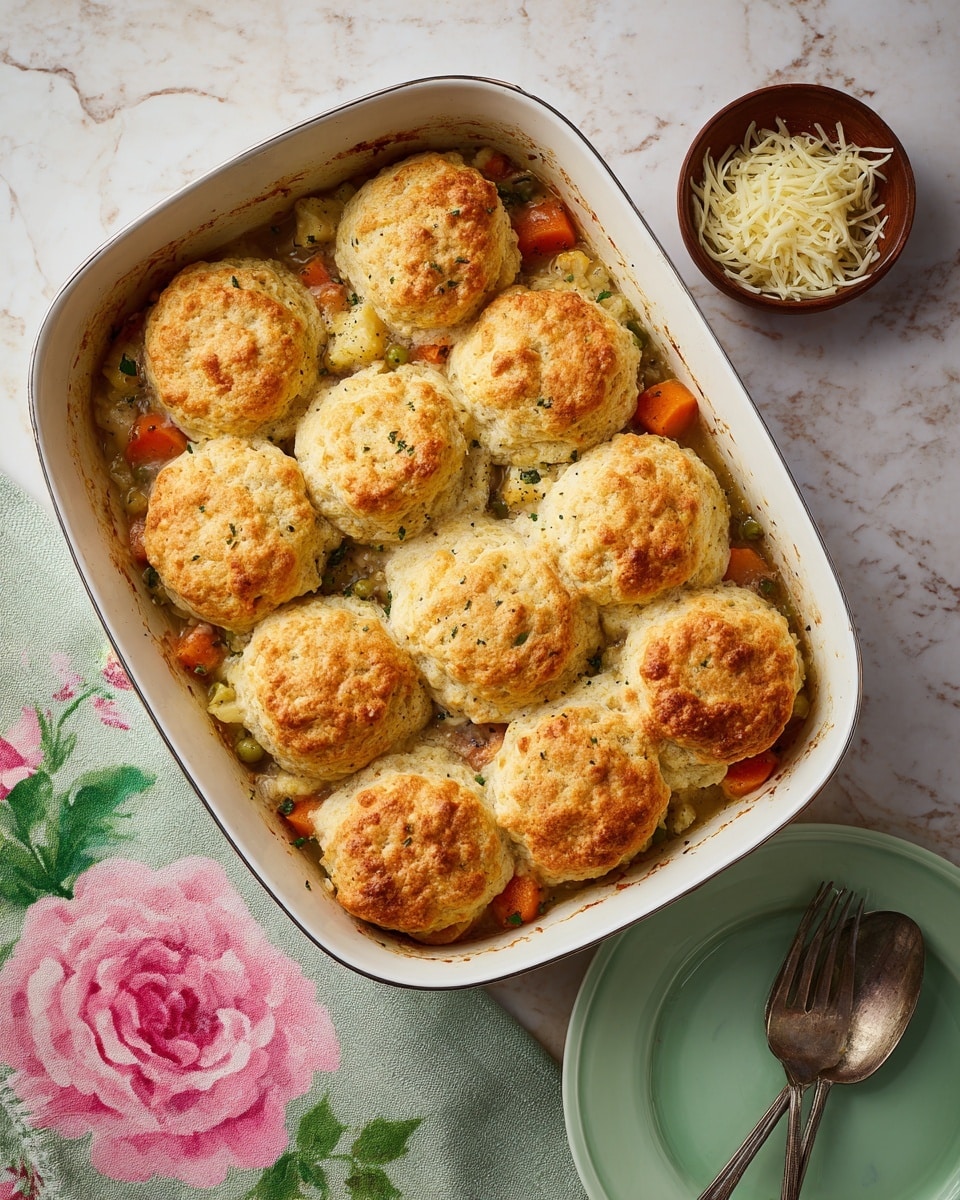A white pan filled with a baked dish showing about eleven golden brown biscuit tops with a slightly crispy and textured surface, arranged closely over a colorful vegetable stew underneath. The stew layer is rich with pieces of orange carrots, cauliflower, and possibly mushrooms, visible through the gaps between the biscuit tops. The dish is placed on a wooden surface next to a white marbled surface. Nearby, there is a light green plate with a silver fork resting on a floral cloth napkin featuring a large pink flower and green leaves. A small brown bowl filled with shredded cheese is also visible. Photo taken with an iphone --ar 4:5 --v 7