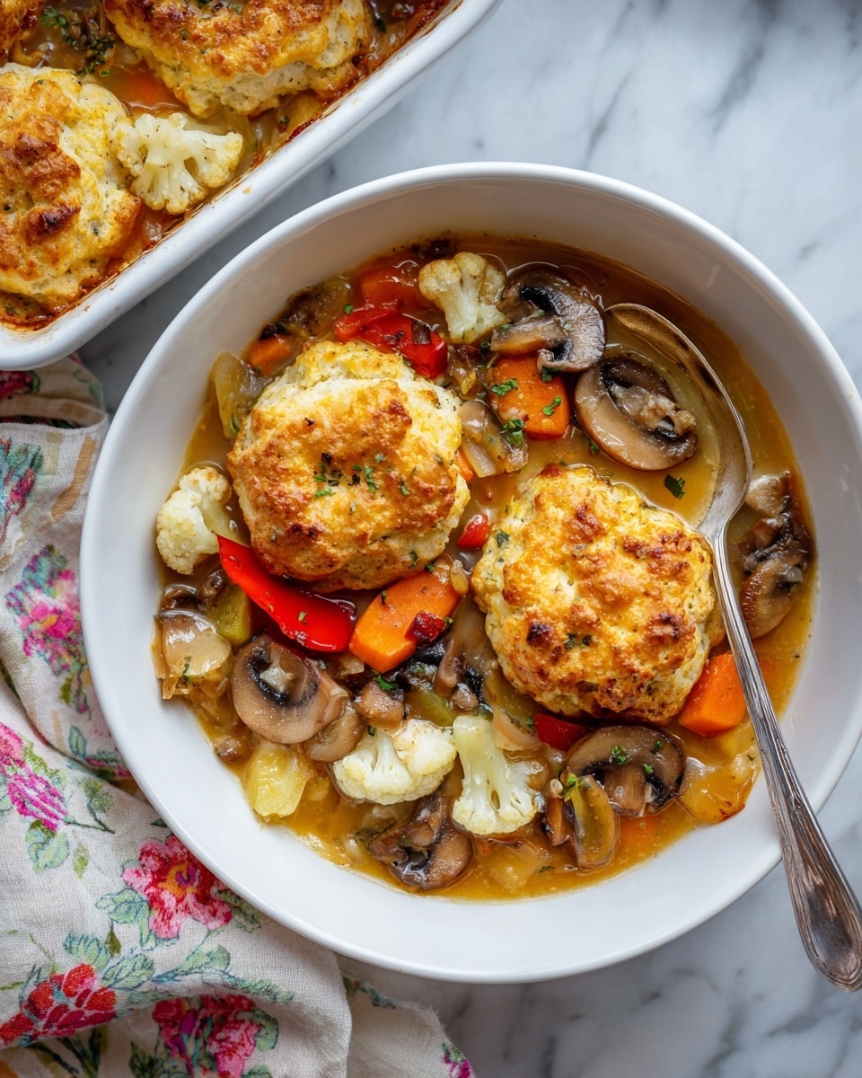 A white bowl filled with a stew of soft, colorful vegetables including orange carrot slices, white cauliflower florets, brown mushroom slices, and chunks of red and yellow bell peppers in a thin, orange-brown broth. On top lies two golden-brown biscuit pieces, fluffy with a slight crisp on the surface. A silver fork rests inside the bowl, touching the vegetables. Next to the bowl, a white baking dish holds more biscuit-topped stew. The setting is on a white marbled texture with a floral patterned cloth nearby. Photo taken with an iphone --ar 4:5 --v 7