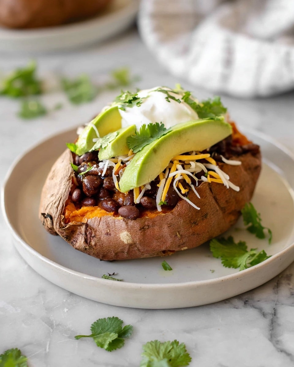 A baked sweet potato with four visible layers sits on a white plate over a white marbled surface. The bottom layer is the whole sweet potato with a rough, wrinkled orange-brown skin. The inside is soft and orange but mostly covered by the next layers. The second layer is a heap of dark brown cooked black beans filling the sweet potato cavity. The third layer is a light sprinkle of shredded cheese in white and yellow colors on top of the beans. The fourth layer consists of a few fresh green cilantro leaves and thin slices of avocado arranged neatly. A dollop of white sour cream sits on the very top. There are scattered cilantro leaves around the plate. Photo taken with an iphone --ar 4:5 --v 7