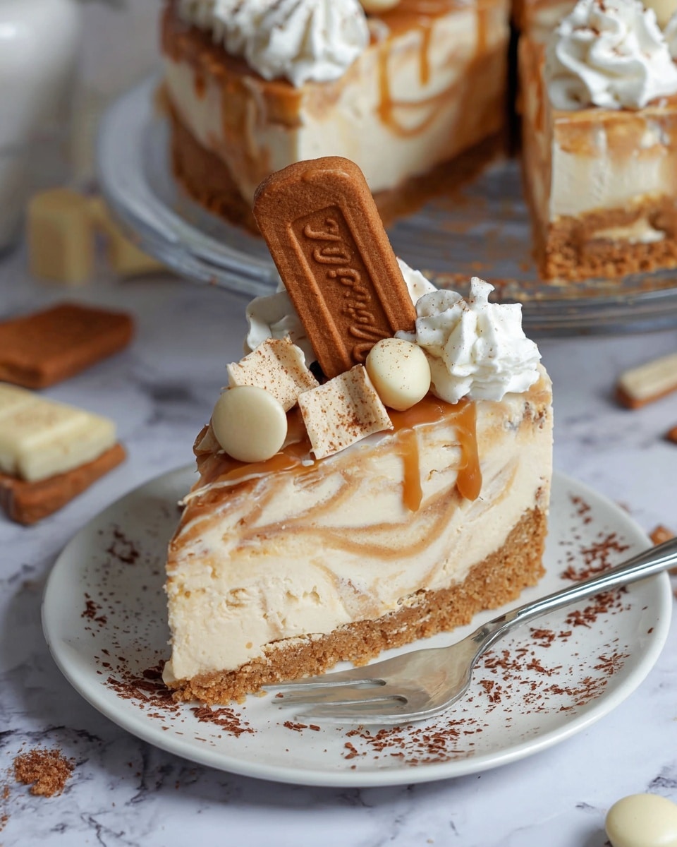 The image shows a slice of creamy cheesecake on a white plate with brown sprinkles. The cheesecake has three main layers: a crumbly light brown biscuit base, a thick middle layer of smooth, pale beige cheesecake with swirls of caramel, and a shiny caramel drizzle on top. The slice is topped with white whipped cream, white chocolate shavings, a whole rectangular brown biscuit standing upright, and a few round white chocolate pieces around it. In the background, the rest of the cheesecake is visible on a clear glass plate, on a white marbled surface with some scattered white chocolate pieces and biscuits. A silver fork rests on the plate near the cheesecake slice. Photo taken with an iphone --ar 4:5 --v 7