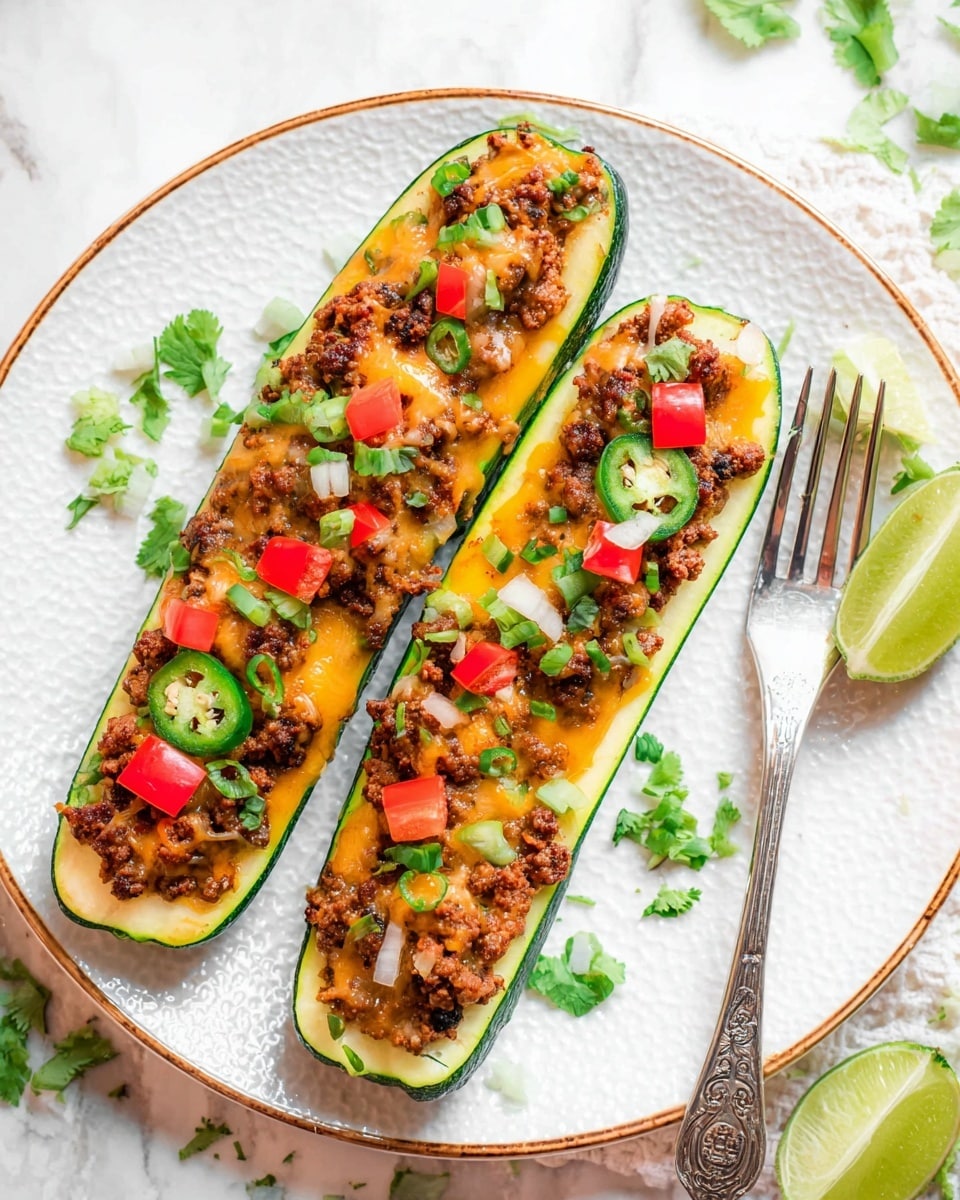 Two zucchini boats sit side by side on a white textured plate with a thin brown rim, placed on a white marbled surface. Each boat is a halved green zucchini filled with browned ground meat, melted orange cheddar cheese, and topped with small diced white onions, green jalapeno pieces, red tomato chunks, and fresh green cilantro leaves. A silver fork with an ornate handle rests on the plate next to the zucchini boats, with a small wedge of lime beside it. Sprigs of cilantro and lime wedges are scattered casually around, adding fresh green and yellow accents. Photo taken with an iphone --ar 4:5 --v 7