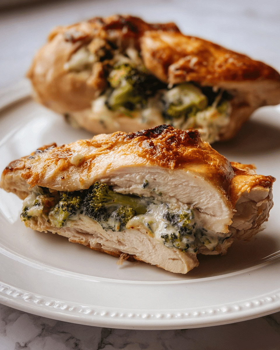 Two pieces of stuffed chicken breast are cut and placed on a white plate with a decorative edge. Each piece has three layers: the outer layer is golden brown, grilled chicken skin; the middle layer is thick, white cooked chicken meat; and the inner layer is filled with bright green broccoli mixed with creamy white sauce. Some juice and small bits are visible around the chicken on the plate. The plate sits on a white marbled surface. photo taken with an iphone --ar 4:5 --v 7