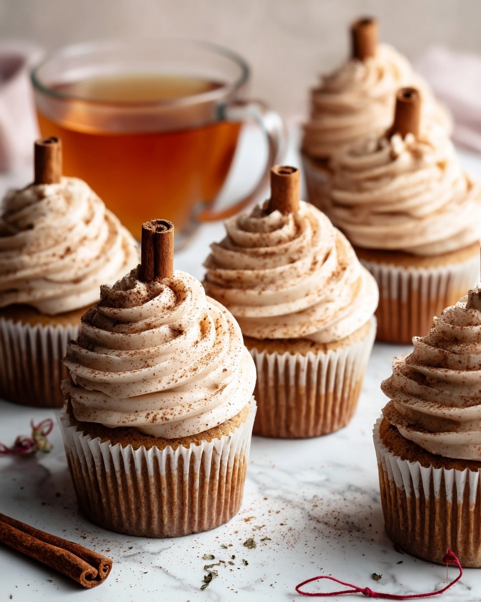 A close-up view of seven cupcakes arranged closely on a white marbled surface, each topped with a thick swirl of light beige frosting sprinkled with fine brown powder. The frosting is textured with tight ridges forming a spiral shape that peaks in the center, where a small cinnamon stick is inserted upright on most cupcakes. On the left side of the image, a glass cup with light brown tea and a red tea bag string can be seen partially, enhancing the warm, cozy feel. The image is brightly lit with soft shadows. photo taken with an iphone --ar 4:5 --v 7