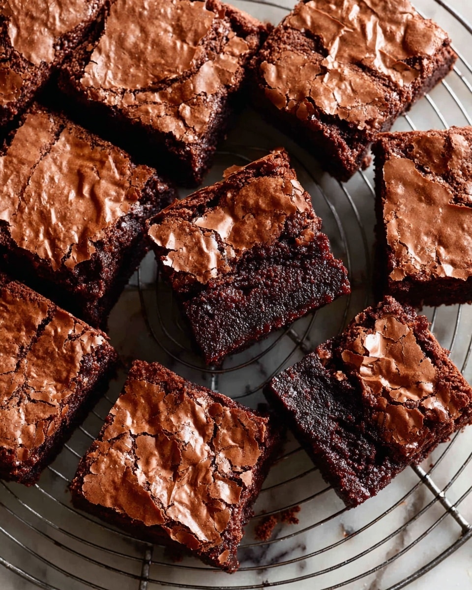 The image shows multiple square pieces of chocolate brownies arranged closely on a round wire cooling rack. Each brownie has a shiny, cracked top layer with a rich dark brown color and slightly rough texture. One brownie piece is turned on its side showing a moist, dense, almost fudge-like interior that is darker than the top. The white marbled surface underneath the rack is visible around the edges. Photo taken with an iphone --ar 4:5 --v 7