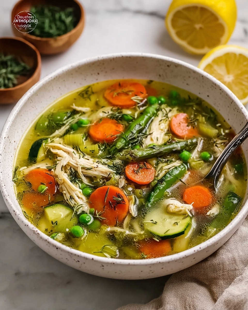 A close-up of a white speckled bowl filled with vegetable chicken soup, showing layers of sliced orange carrots, green asparagus tips, green peas, light green zucchini slices, and shredded chicken all mixed in a clear broth with visible herbs sprinkled on top; a silver spoon rests inside the bowl on the right side, with a cut lemon and green herbs in small wooden bowls in the background, placed on a white marbled surface, with a beige cloth partially visible at the bottom right corner. Photo taken with an iphone --ar 4:5 --v 7