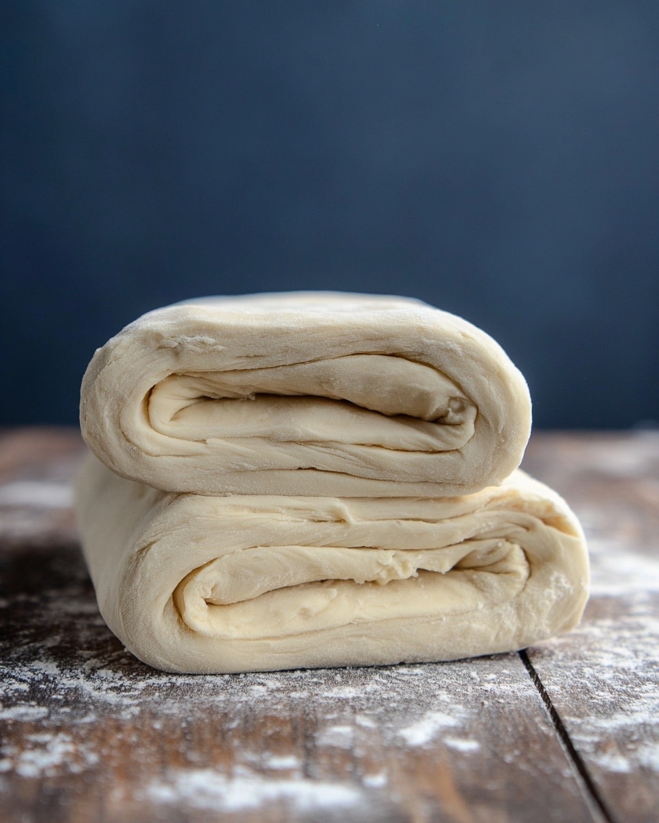 Two thick, folded layers of pale beige dough are stacked on top of each other. The dough shows soft, smooth texture with visible thin layers and slight rolling marks. Small gaps and air pockets can be seen in the folds, emphasizing the layered nature of the dough. The dough rests on a cracked wooden surface dusted with flour, and the background is a simple dark blue. photo taken with an iphone --ar 4:5 --v 7