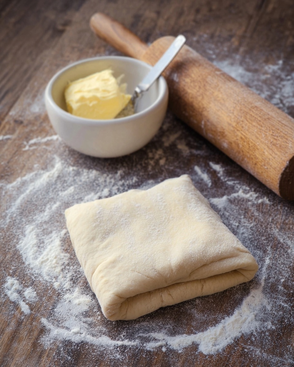 A square piece of folded dough with a smooth, pale beige surface rests on a flour-dusted wooden table. Behind it, there is a white bowl holding a light yellow ball of butter with a butter knife inside. A wooden rolling pin dusted with flour lies horizontally next to the bowl. The scene is simple, focusing on the raw ingredients and preparation tools, with soft natural lighting highlighting the textures of the dough and flour. Photo taken with an iphone --ar 4:5 --v 7