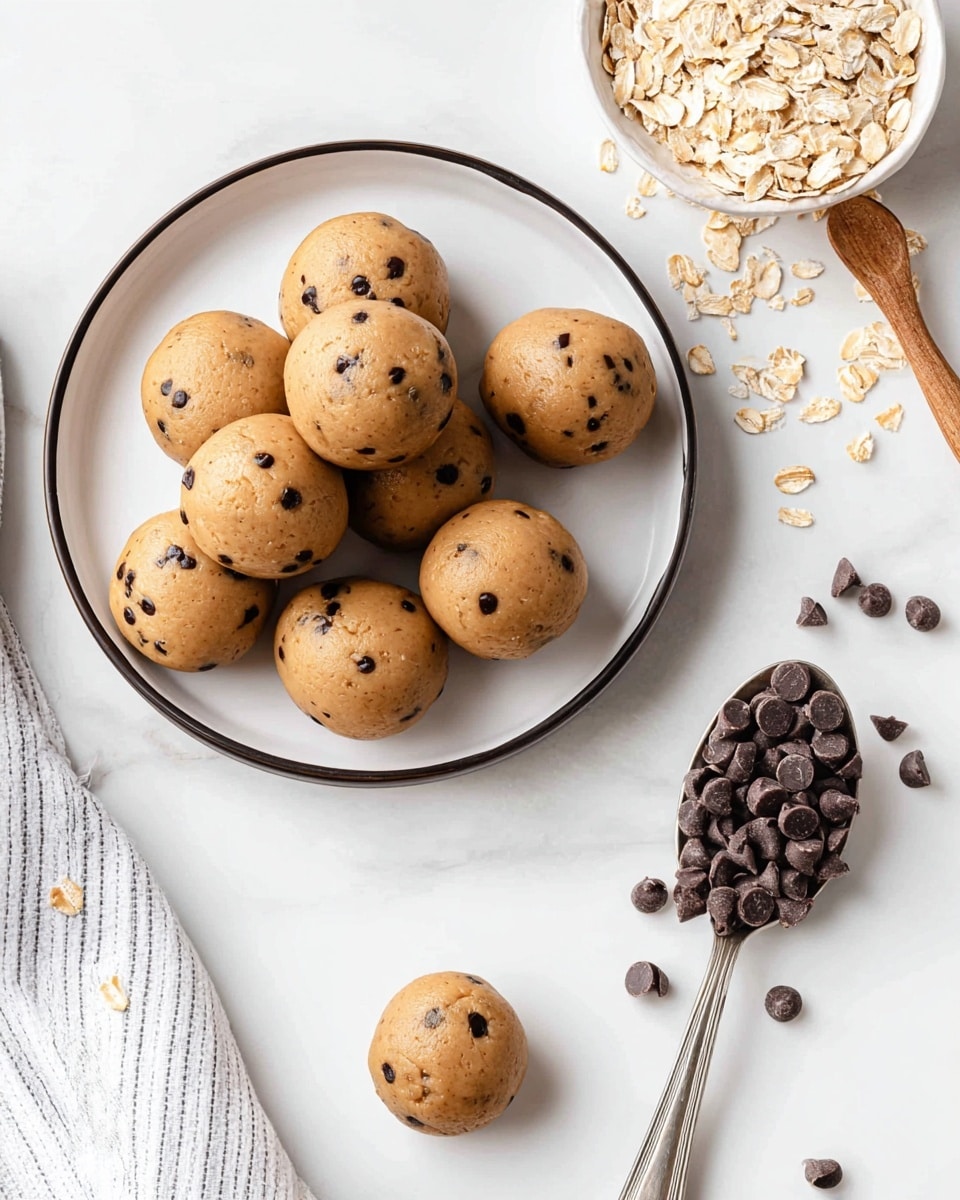 The image shows a white plate with a thin black rim filled with smooth, round balls of light brown dough, each studded with small dark chocolate chips. The balls are arranged mostly in a cluster on the plate, with a few spaced out closer to the edges. A silver spoon holding a pile of chocolate chips rests on the plate, with some chips scattered around it. Nearby, a white bowl filled with rolled oats and a wooden spoon with more oats spill some oats onto the white marbled surface. A white cloth with thin gray stripes lies partially visible on the lower left side of the frame. The overall scene is bright and clean. photo taken with an iphone --ar 4:5 --v 7