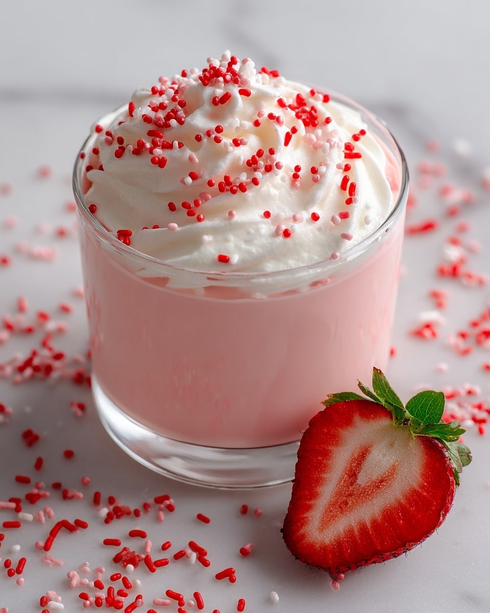 A close-up image of a clear glass filled with two layers: a smooth, glossy light pink pudding as the base, topped with a fluffy white whipped cream layer sprinkled with small round and rod-shaped red sprinkles. Beside the glass on the white marbled surface lies a fresh halved strawberry showing its bright red and white interior with green leaves attached. A few red sprinkles are scattered around the glass on the surface. photo taken with an iphone --ar 4:5 --v 7