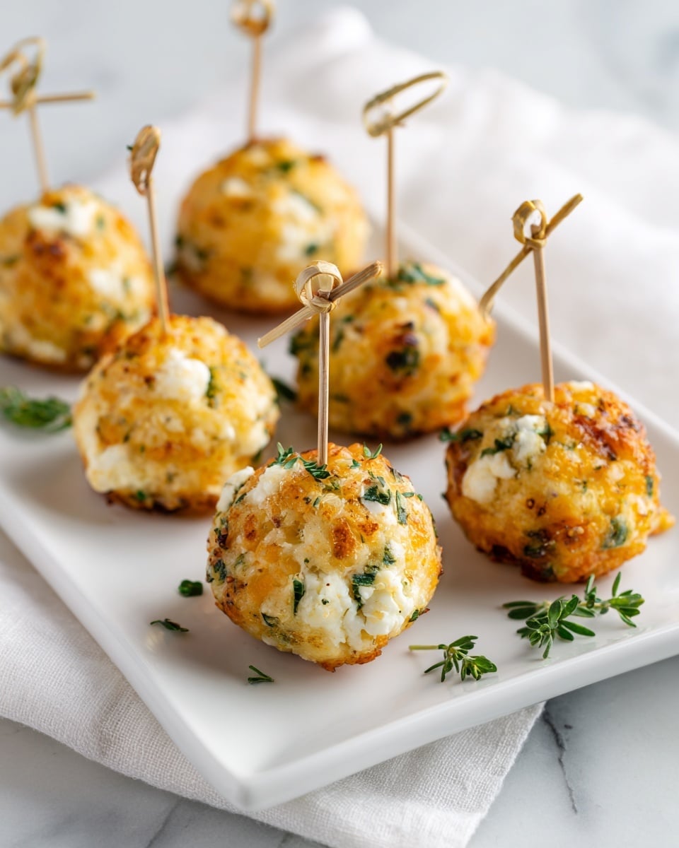 The image shows six round savory bites arranged in two rows on a white rectangular plate placed on a white marbled surface with a white cloth underneath. Each bite is golden brown with visible green herbs and small white cheese chunks mixed inside, giving a speckled texture across the surface. Each bite is pierced through the center with a short wooden skewer tied in a small loop at the top. The lighting highlights the crisp, textured exterior while showing the moist inside bits, creating a fresh and appetizing look. photo taken with an iphone --ar 4:5 --v 7