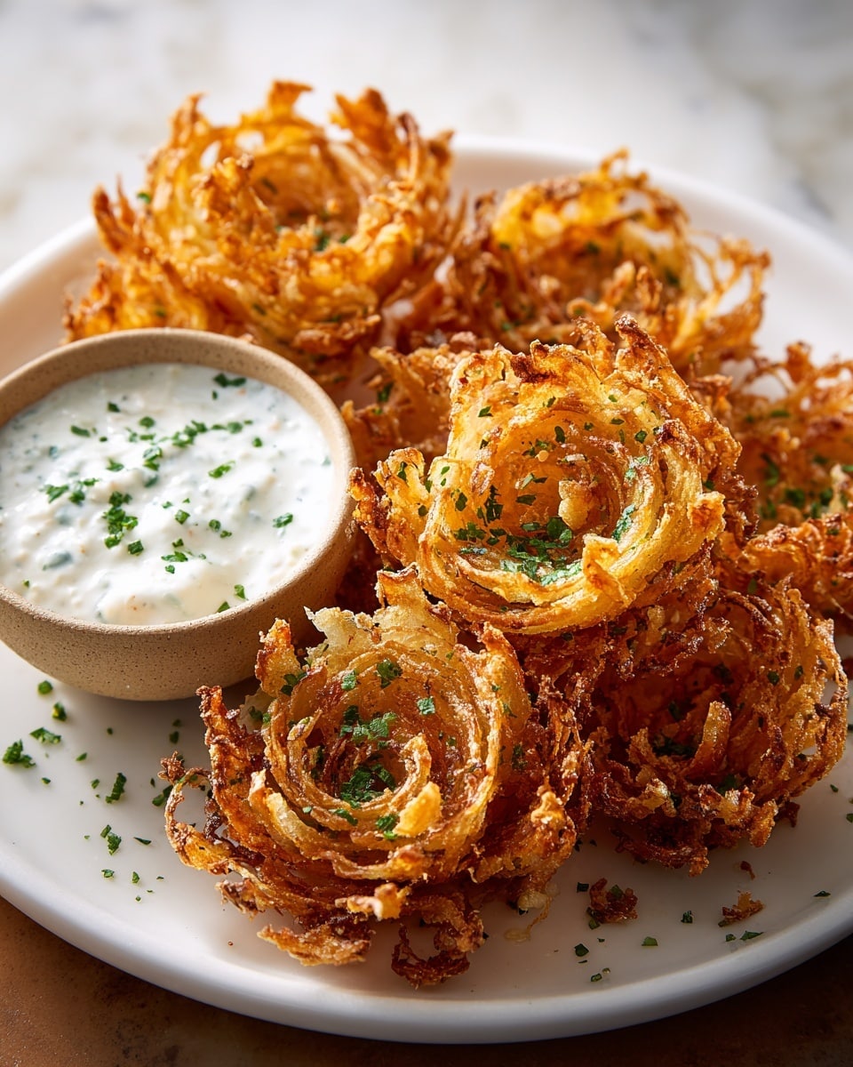 A white round plate holds several golden-brown, crispy fried onion flowers arranged close together, each with thin, curly layers resembling petals coated in a crunchy texture and sprinkled with small green herb bits. To the left side inside the plate, there is a small beige bowl filled with a creamy white sauce flecked with green herbs. The plate sits on a white marbled surface with soft lighting that highlights the texture of the onion flowers and the sauce. Photo taken with an iphone --ar 4:5 --v 7
