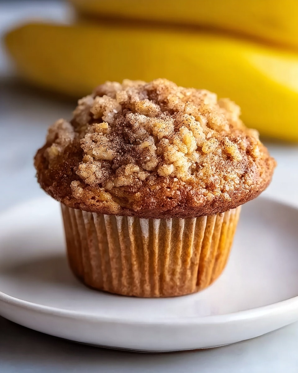 A single oatmeal muffin sits on a plain white plate, showing one layer with a textured, golden-brown base featuring vertical ridges from the paper liner. The top layer is a crumbly, slightly rough surface with visible oats and a sprinkle of cinnamon, creating a speckled light and dark brown pattern. The background is softly blurred but shows yellow bananas, contrasting the warm tones of the muffin, all set on a white marbled texture. photo taken with an iphone --ar 4:5 --v 7