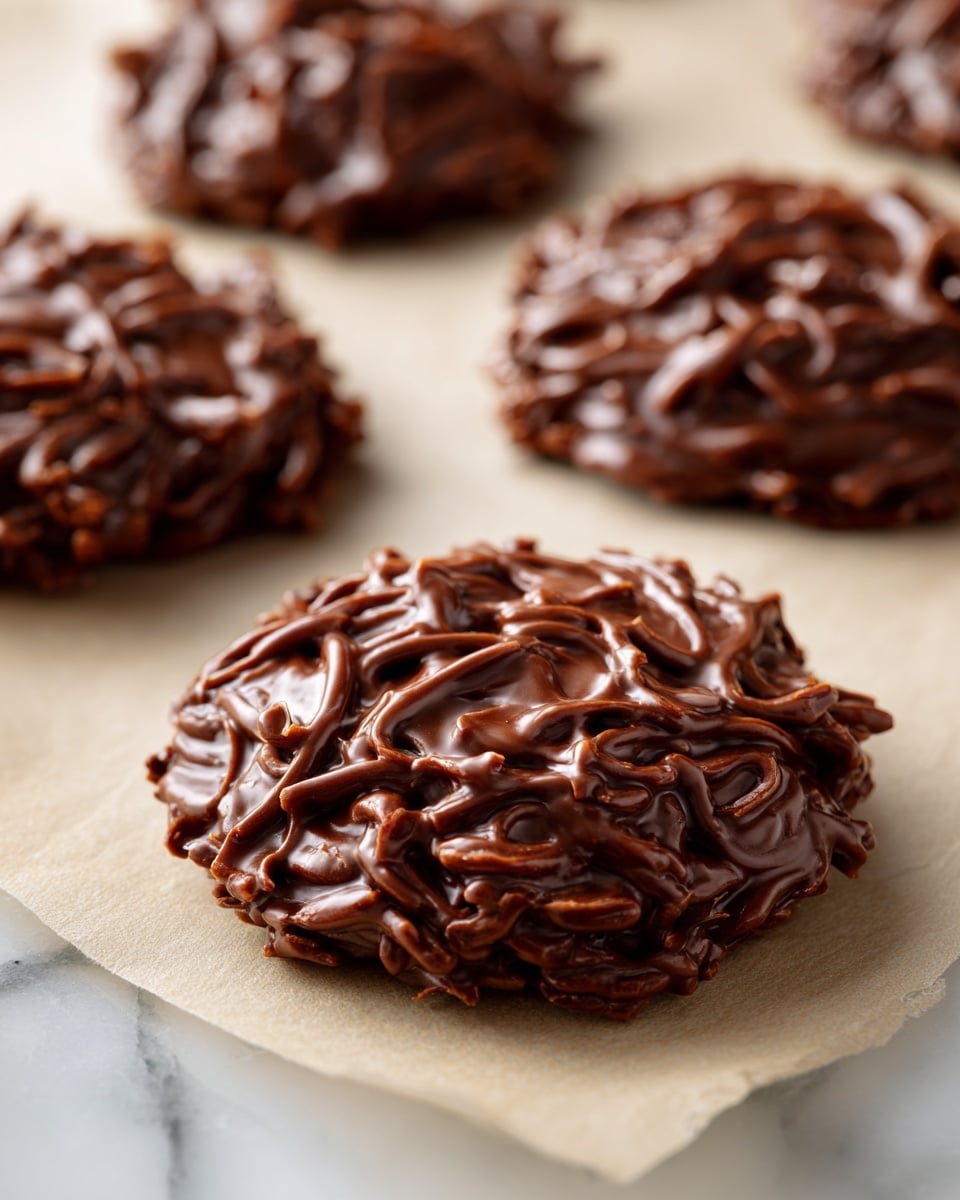 The image shows several no-bake chocolate cookies on a sheet of parchment paper resting on a white marbled surface. Each cookie is roughly round with a rough texture, made by chocolate coating tangled thin strips or noodles that create a layered, uneven top. The chocolate has a glossy, smooth finish with a rich medium brown color, and the cookies are spaced apart in a loose group, with the closest cookie in clear focus and the others fading softly into the background. Photo taken with an iphone --ar 4:5 --v 7