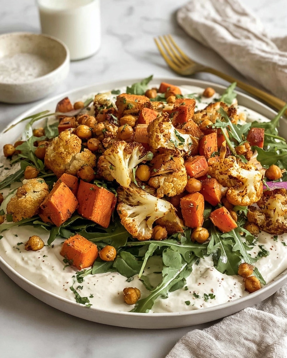A white plate with a creamy white sauce spread thinly across the bottom, topped with a layer of fresh green arugula leaves, then a colorful mix of roasted golden brown chickpeas, lightly browned cauliflower florets, and bright orange carrot chunks scattered evenly on top. The vegetables have a slightly crispy texture and are sprinkled with small bits of green herbs. The plate sits on a white marbled surface with a soft cloth and a gold fork in the background. Photo taken with an iphone --ar 4:5 --v 7