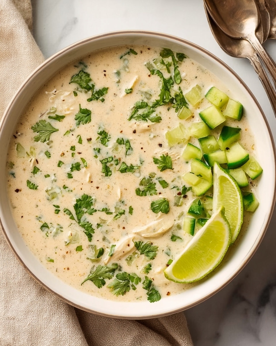A bowl of creamy soup with a light beige base filling the bowl mostly, speckled with small bits of green herbs and tiny chunks within the creamy texture; on the right side, a bright green layer of chopped cucumber pieces sits fresh and vibrant; lime wedges also rest on the creamy base near the cucumber, adding a fresh citrus touch; the soup is garnished with scattered chopped cilantro leaves across the top; the bowl is white with a simple thin rim design, placed on a white marbled surface with a beige cloth partially visible under the bowl and two silver spoons to the right side; photo taken with an iphone --ar 4:5 --v 7