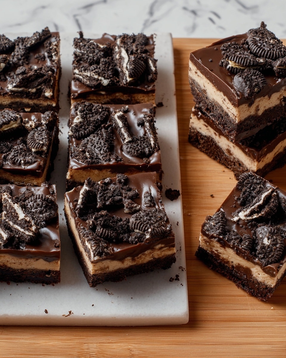 A white square baking dish filled with a thick, glossy chocolate layer spread evenly on the bottom, topped with broken pieces of chocolate and cream sandwich cookies scattered all over. The rich chocolate layer has a smooth texture with some drips on the edges of the dish. In the background, there is a bowl with leftover chocolate and a blue cloth with white stripes on a white marbled surface. Photo taken with an iphone --ar 4:5 --v 7