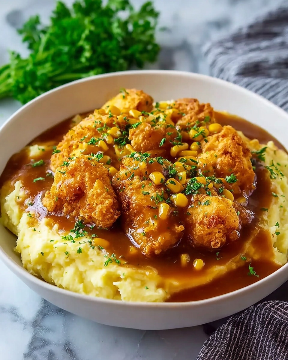 A white bowl filled with three main layers: the bottom layer is creamy, pale yellow mashed potatoes with a smooth texture; the middle layer is a shiny, rich brown gravy poured over the mashed potatoes and pooling around the edges; the top layer consists of multiple golden brown, crispy fried chicken pieces, sprinkled with bright yellow corn kernels and finely chopped green herbs scattered evenly over everything. The bowl is placed on a white marbled surface with a blurred green bunch of herbs in the back and a gray and white striped cloth partially visible on the right side. photo taken with an iphone --ar 4:5 --v 7