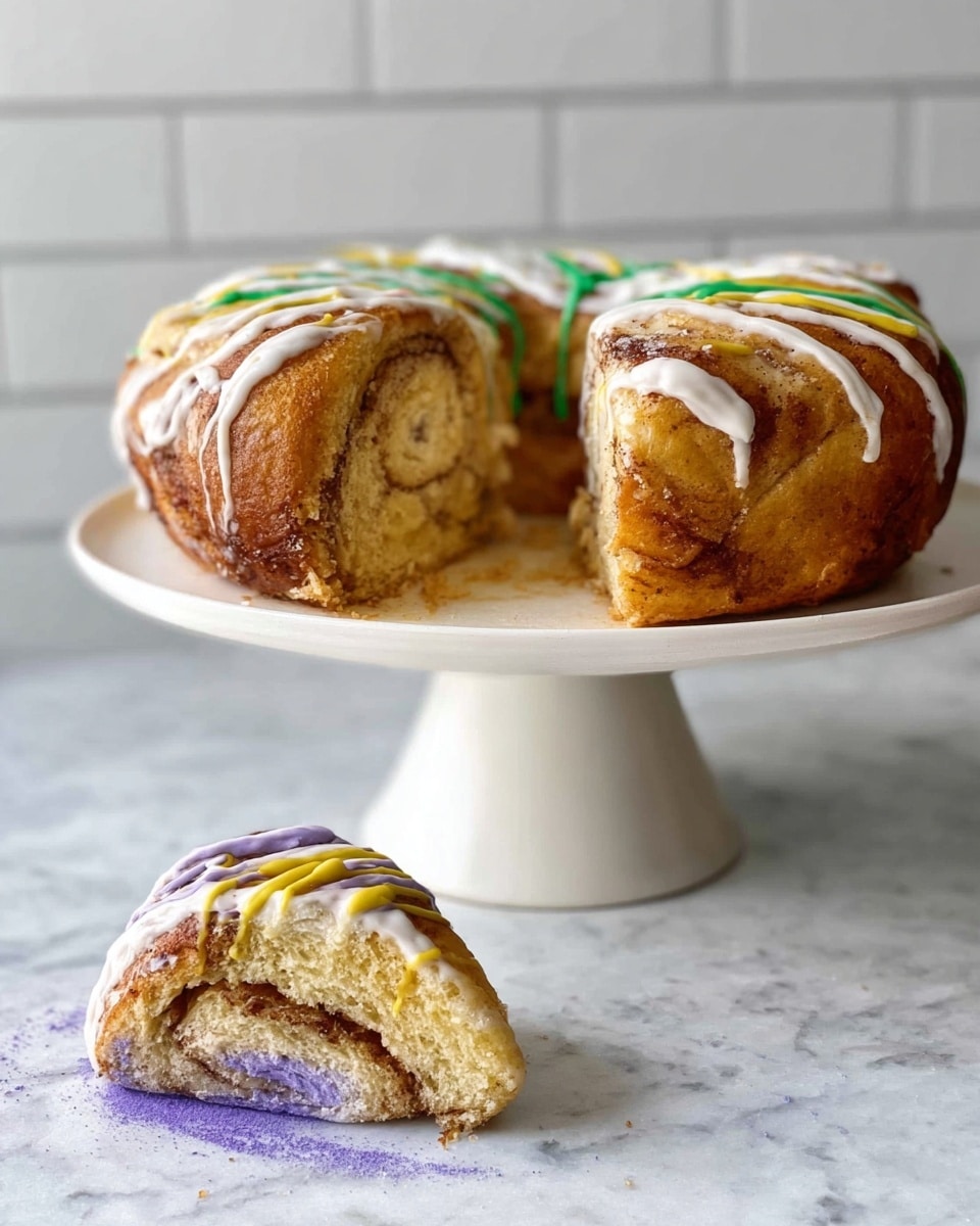 A round, baked bread with a golden brown crust sits on a white cake stand with a bright yellow base. The bread is decorated with three different colored sugar toppings: green on the left, purple in the middle, and yellow on the right, each sprinkled over a section of white icing that drips slightly over the sides. The bread has a soft, textured surface with visible folds and a slightly rough crust, placed on a white marbled background. Photo taken with an iphone --ar 4:5 --v 7