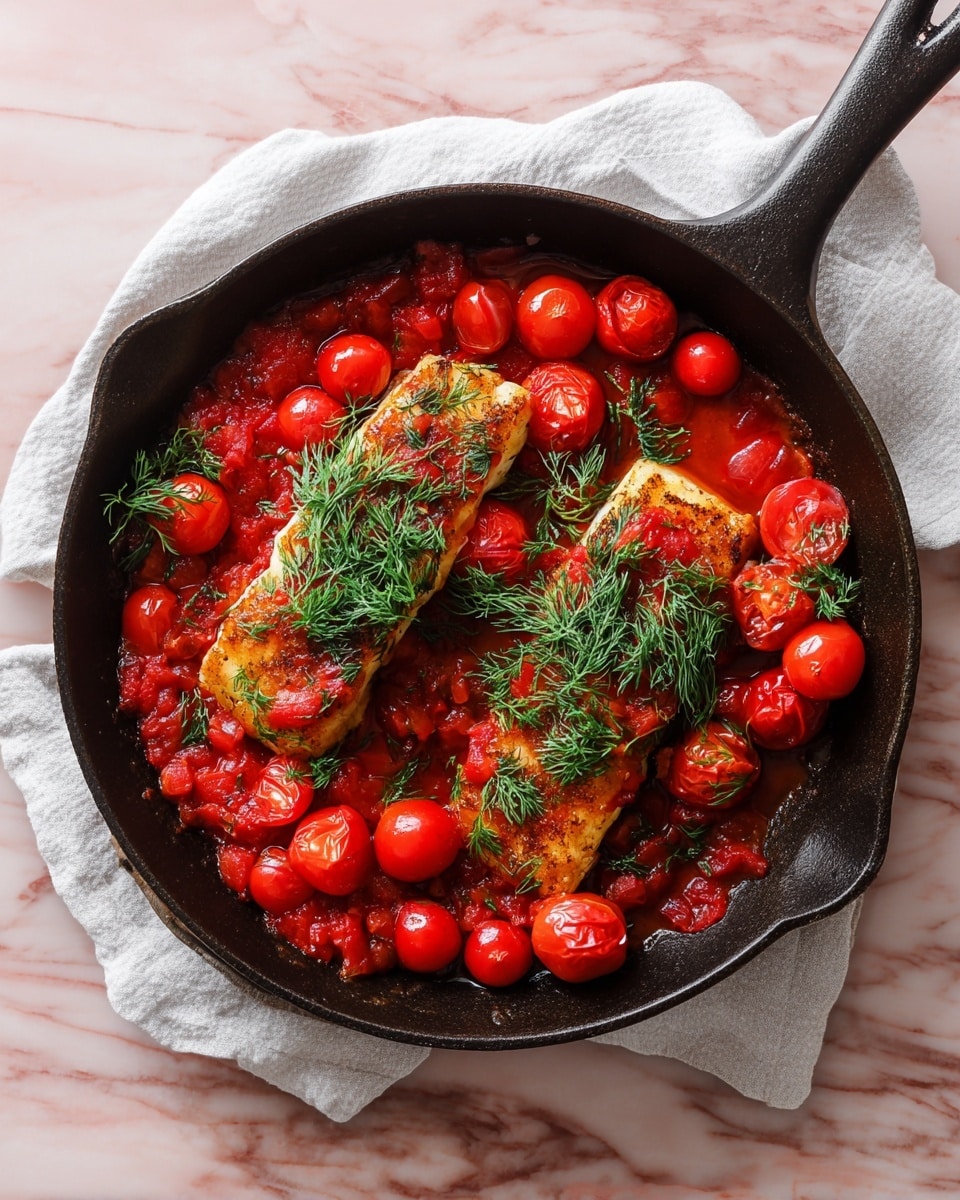The image shows a black cast iron pan placed on a white towel over a white marbled surface, filled with a vibrant dish. At the base, there is a chunky red tomato sauce mixed with whole bright red cherry tomatoes, which have a glossy texture. On top of this sauce, there are two golden-brown fillets of cooked fish, each garnished with fresh green sprigs of dill, adding a touch of bright green contrast to the rich reds and browns. The pan handle extends to the upper right side and the overall scene is bright and colorful with a home-cooked, fresh feel. photo taken with an iphone --ar 4:5 --v 7
