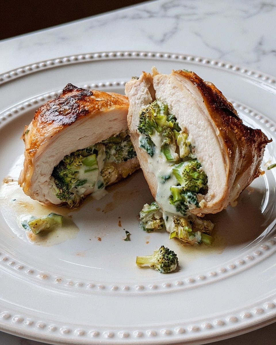 The image shows two cooked chicken breasts on a white plate with a decorative edge, placed on a white marbled surface. The chicken in front is split open to reveal two layers inside: the bottom layer is the cooked beige chicken meat with some browning, and the top layer is a mixture of green broccoli and creamy white cheese or sauce that looks slightly melted and browned on the edges. The second chicken breast in the back is whole with a golden-brown, slightly crispy exterior. Photo taken with an iphone --ar 4:5 --v 7