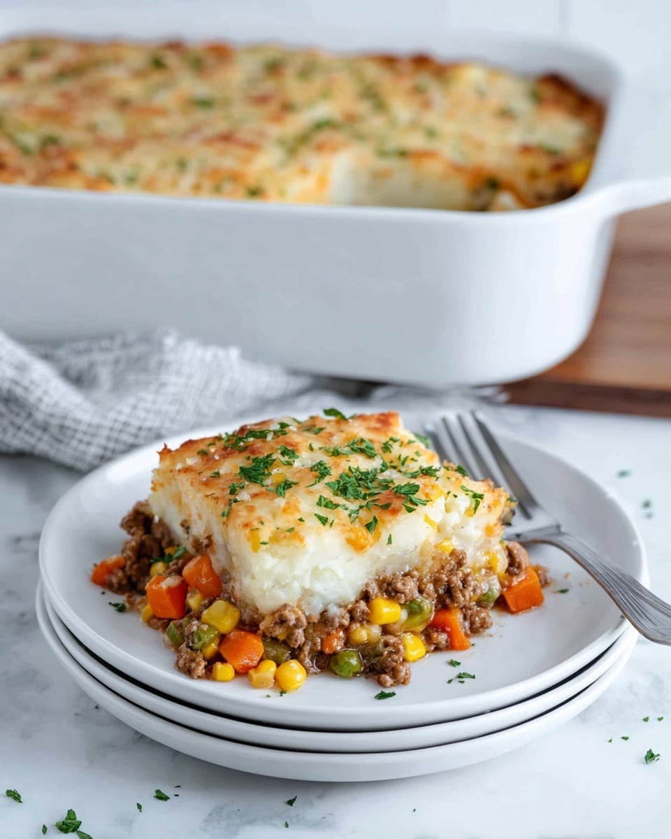 A white baking dish filled with a golden brown baked casserole, showing a top layer of melted cheese that is slightly browned in spots. The edges are slightly crisped and browned, while uneven patches of creamy white and light orange cheese form a textured surface. Chopped green herbs are sprinkled evenly across the top, adding fresh color contrast. The dish sits on a white marbled surface with a blue and white striped cloth peeking in the corner. Photo taken with an iphone --ar 4:5 --v 7