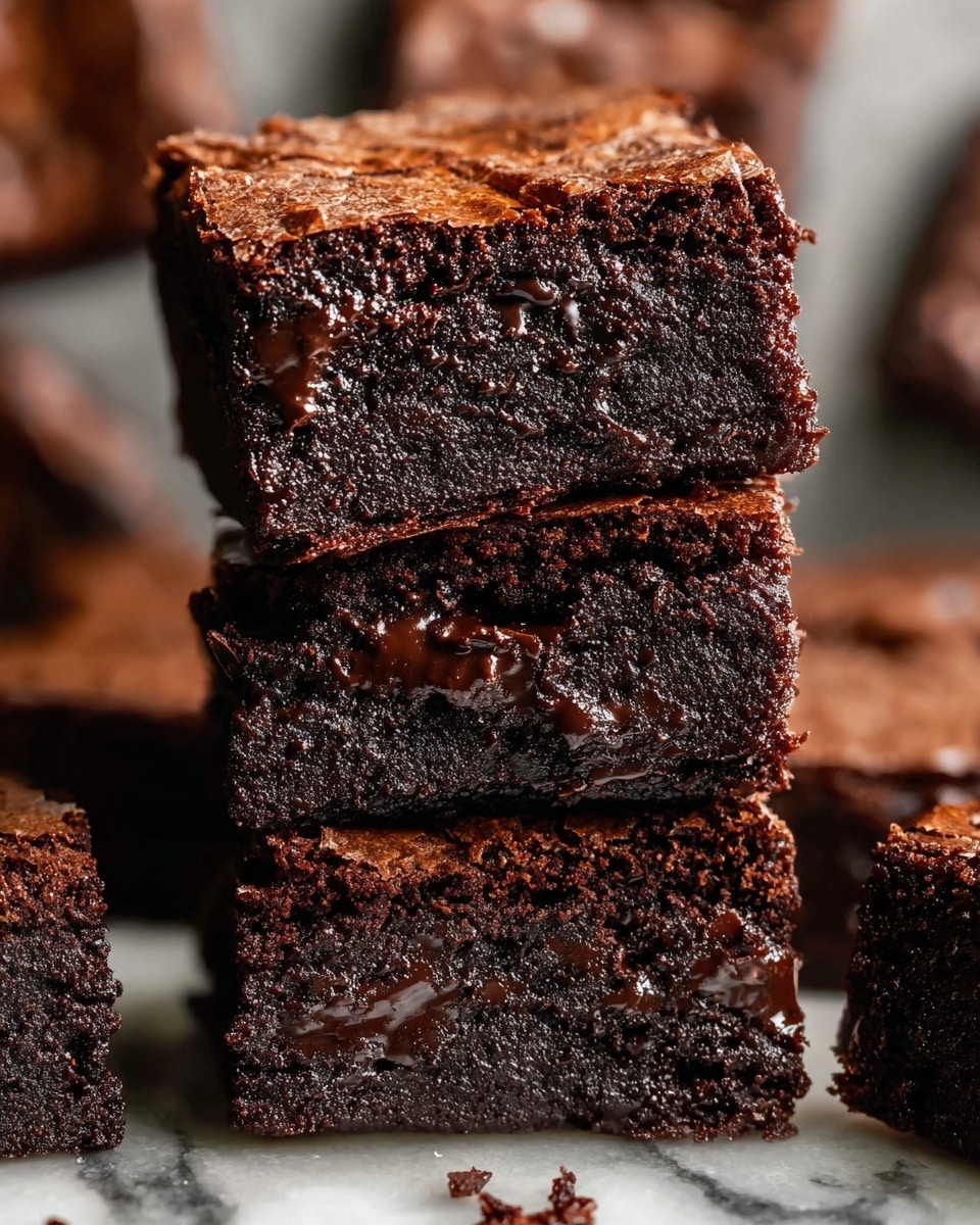 The image shows three thick, square brownies stacked on top of each other. Each brownie has a rich, dark brown color with a slightly shiny and crackled top layer that gives a textured look. The middle of each brownie appears gooey and moist, with some melted chocolate spots that add a glossy touch. The edges are firm but still soft, showing a dense and fudgy texture inside. The brownies are placed on a white marbled surface with more brownies blurred in the background, emphasizing the dense, chocolate richness of the stack. photo taken with an iphone --ar 4:5 --v 7