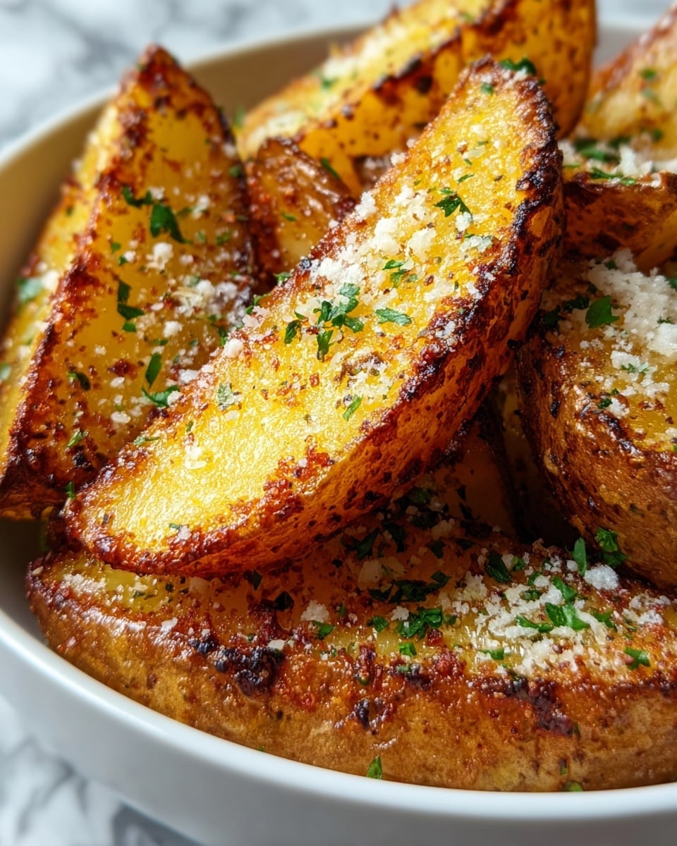 The image shows a close-up of golden brown potato wedges arranged in a white bowl, each wedge having a crispy, textured outer layer with a mix of darker brown crisp spots and lighter golden areas, topped with small green parsley flakes and grated white cheese sprinkled evenly across the wedges. The potato wedges are stacked on top of each other, showing their thick, hearty cut with soft, smooth yellow interiors contrasting the rough, crunchy skin. The background is a white marbled texture. photo taken with an iphone --ar 4:5 --v 7
