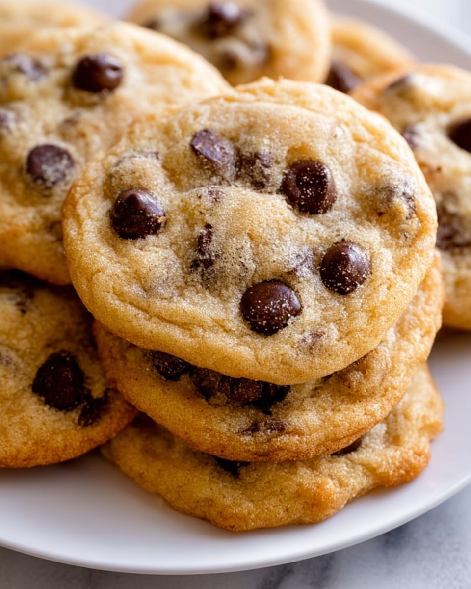 A close-up image showing a stack of soft chocolate chip cookies arranged in two layers on a white plate, placed on a white marbled surface. The top cookie is golden brown with a slightly crispy edge and has many dark chocolate chips embedded throughout; its texture looks chewy with visible cracks. The cookies underneath are similar in color and texture, with a warm golden tone and scattered chocolate chips. The focus is mainly on the top cookie, making the details of the chocolate chips and soft dough very clear. photo taken with an iphone --ar 4:5 --v 7
