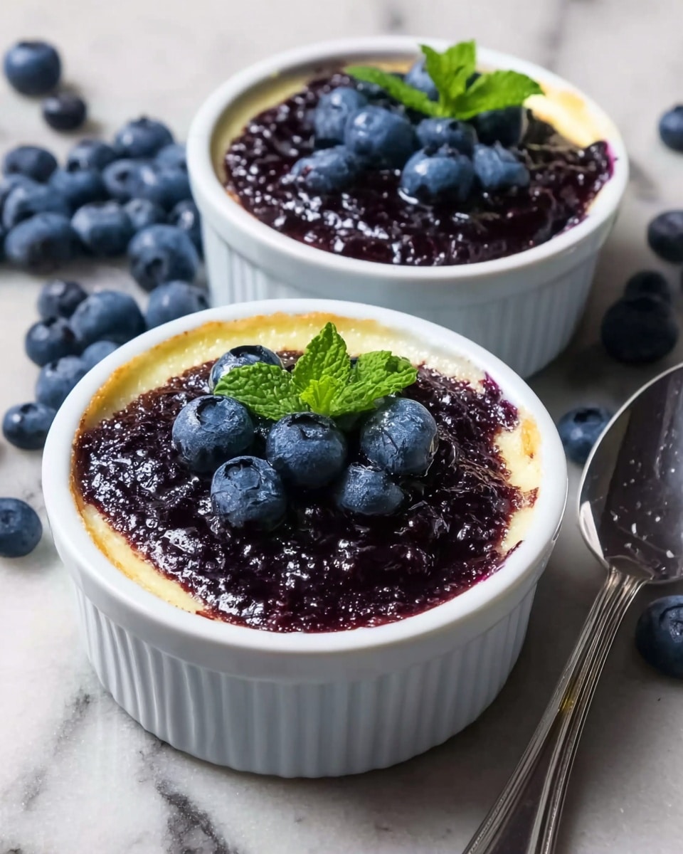The image shows two white ramekins filled with a dessert. Each ramekin has a smooth, light yellow creamy base topped with a thick layer of dark purple blueberry sauce. On top of the sauce, there are whole fresh blueberries scattered around, with a small green mint leaf in the center of the front dessert. The ramekins sit on a white marbled surface with some blueberries scattered around and a silver spoon on the right side of the image. The photo taken with an iphone --ar 4:5 --v 7