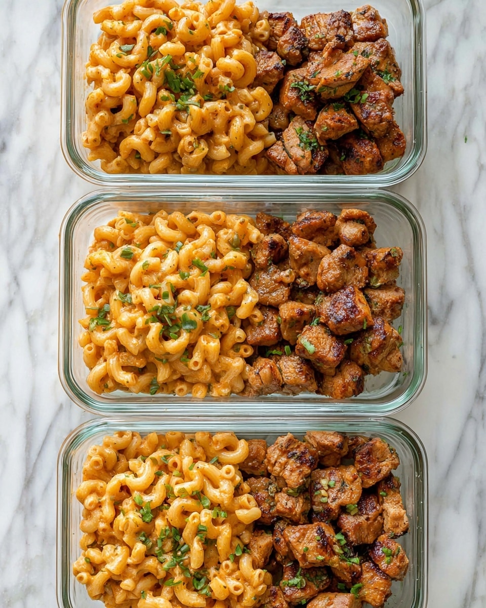 Three clear glass containers are placed vertically on a white marbled surface, each filled with two sections of food. The left section in every container has creamy, orange-colored macaroni pasta with a slightly thick sauce, topped with small green herb bits. The right sections consist of browned, bite-sized pieces of cooked meat with a slight char and scattered green herbs. The containers are neatly arranged, showing consistent portions in each. photo taken with an iphone --ar 4:5 --v 7