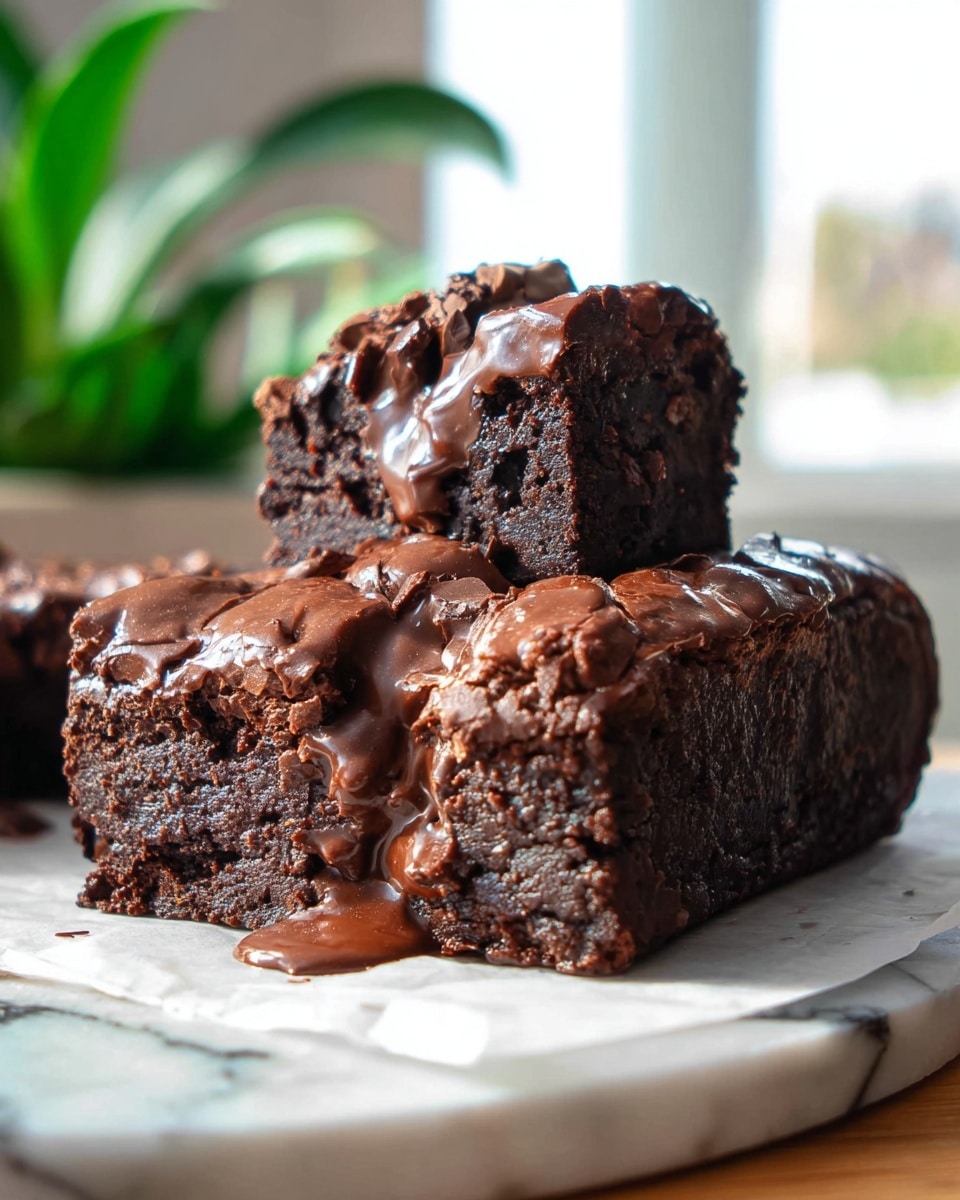 A thick, rich chocolate brownie with a dark brown, dense base layer full of melted chocolate chunks inside, topped by a glossy, smooth layer of melted chocolate that drips slightly off the edges. On top, a cube of the brownie is placed, showing a moist, fudgy inside with gooey chocolate oozing out, making it look soft and chewy. The brownie rests on white parchment paper on a surface with a white marbled texture, with a blurred green plant in the background and soft daylight coming from a window behind. Photo taken with an iphone --ar 4:5 --v 7