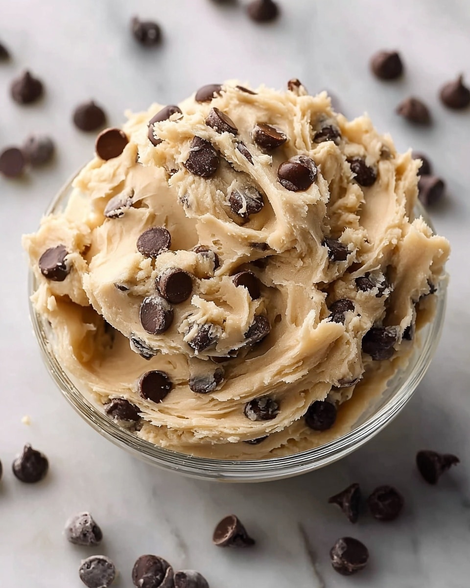 A clear glass bowl filled with creamy, beige cookie dough speckled with smooth, dark brown chocolate chips throughout. The dough is soft and slightly fluffy with folds and swirls, showing a rough texture, and mounds up above the rim of the bowl. Extra chocolate chips are scattered on the white marbled surface around the bowl. photo taken with an iphone --ar 4:5 --v 7