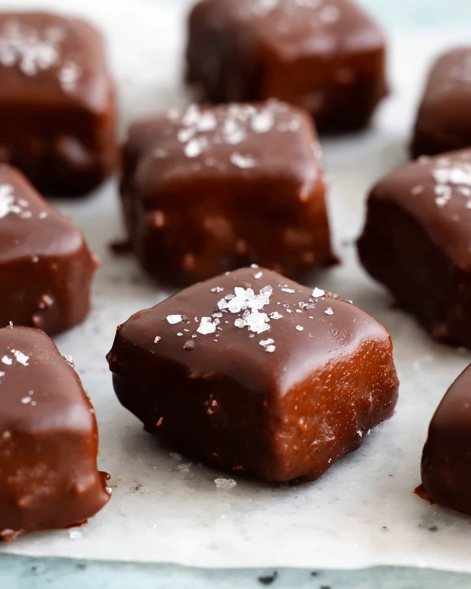 The image shows several small square chocolate-covered treats arranged on a white marbled surface. Each treat has a shiny, smooth dark brown chocolate coating with a slightly textured surface that hints at a soft or chewy inside. On top of most squares, there is a small sprinkle of coarse white sea salt adding a contrast in color and texture. The edges of the squares are neat but slightly rounded, showing the chocolate coating’s thickness. In the background, more chocolate squares are placed, some slightly out of focus, creating a sense of depth in the image. photo taken with an iphone --ar 4:5 --v 7