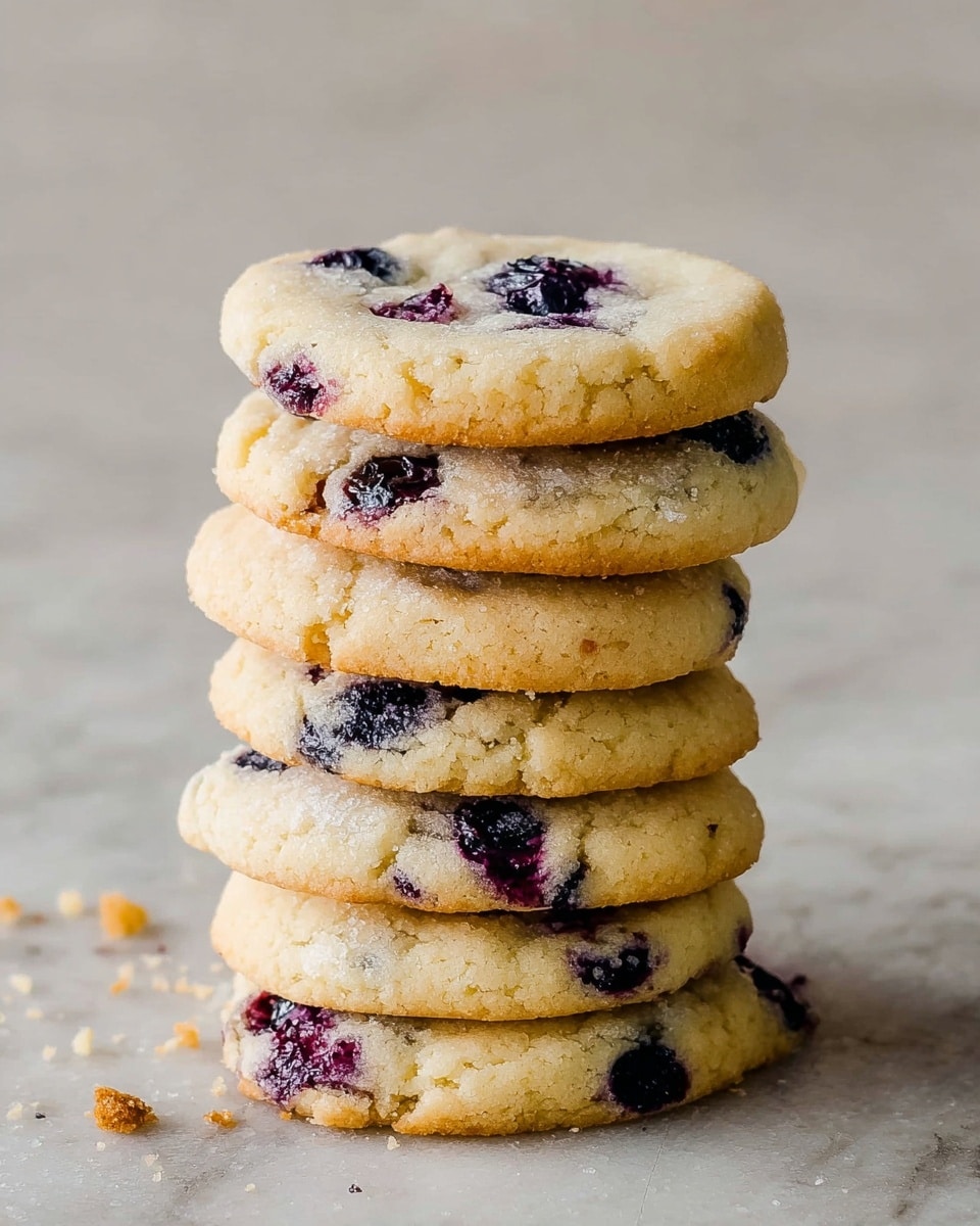 A stack of eight round cookies is shown, each cookie light golden brown with a soft texture and slightly crispy edges. Within the cookies, dark purple blueberry pieces are evenly spread and visible on the top and sides. The cookies are stacked vertically on a white marbled surface with a few small crumbs scattered around them. The stack stands tall, with the top cookie being the most detailed, showing blueberry pieces embedded in its pale dough. photo taken with an iphone --ar 4:5 --v 7