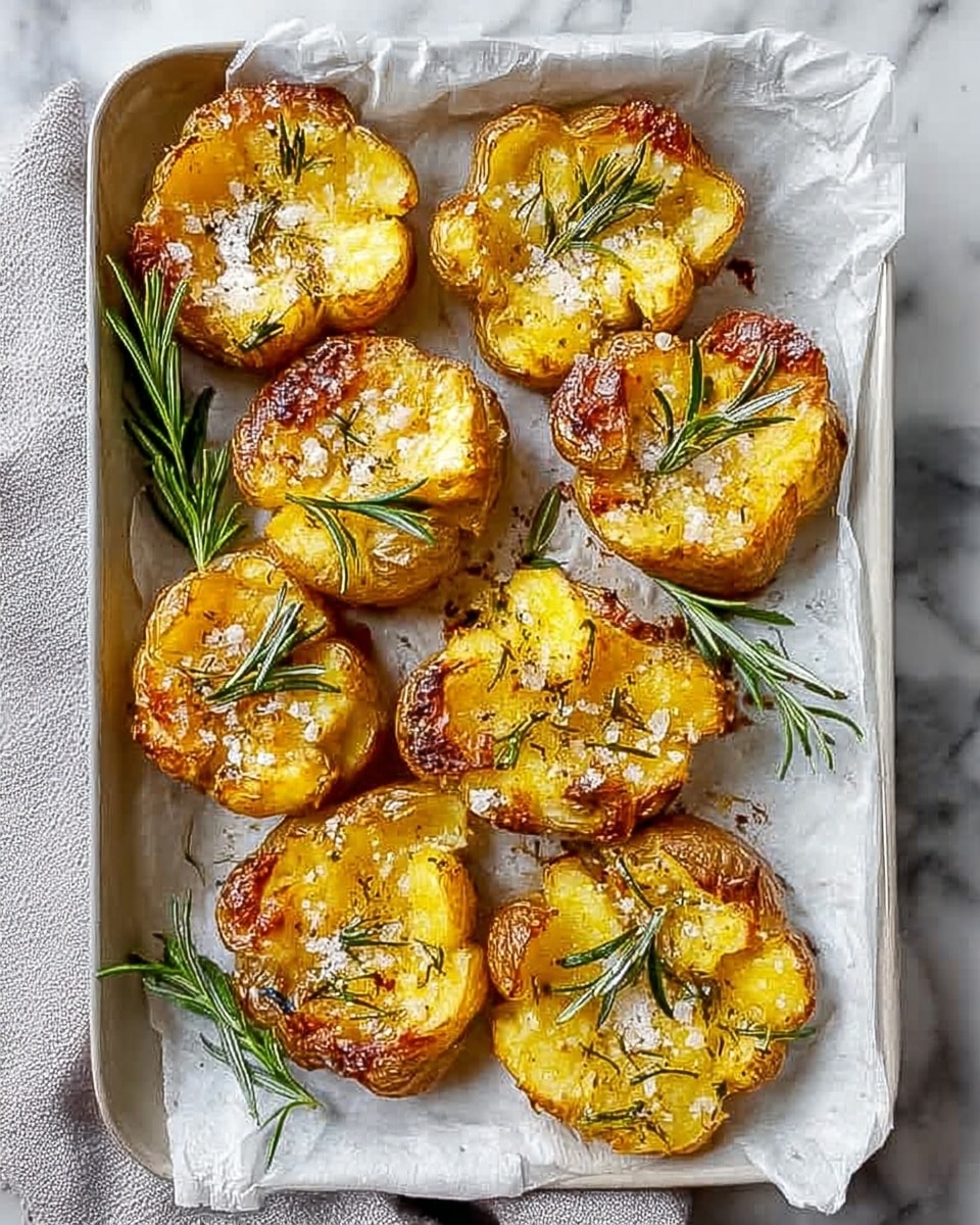 The image shows a white baking tray lined with white parchment paper, holding seven golden-brown smashed roasted potatoes. Each potato is roughly smashed flat with crispy edges and slightly charred spots, showing a mix of light yellow soft insides and browned, crunchy tops. Sprigs of fresh green rosemary rest on several potatoes, and coarse salt is sprinkled across the surface. The tray sits on a white marbled surface with a light grey cloth partially visible to the side. photo taken with an iphone --ar 4:5 --v 7