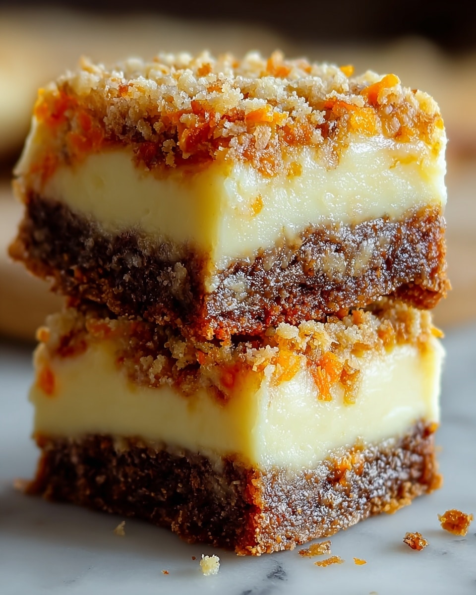 Two stacked dessert bars are shown close-up on a white marbled surface. Each bar has three visible layers: a bottom dark brown moist cake-like layer with bits of orange and a crumbly texture, a middle thick creamy pale yellow layer that looks smooth and soft, and a top crumbly layer that is golden brown with orange shreds mixed in, giving a slightly crunchy appearance. The bars have rough edges, and the top bar is slightly offset to the right on the bottom bar. Small crumbs are scattered around the base. Photo taken with an iphone --ar 4:5 --v 7