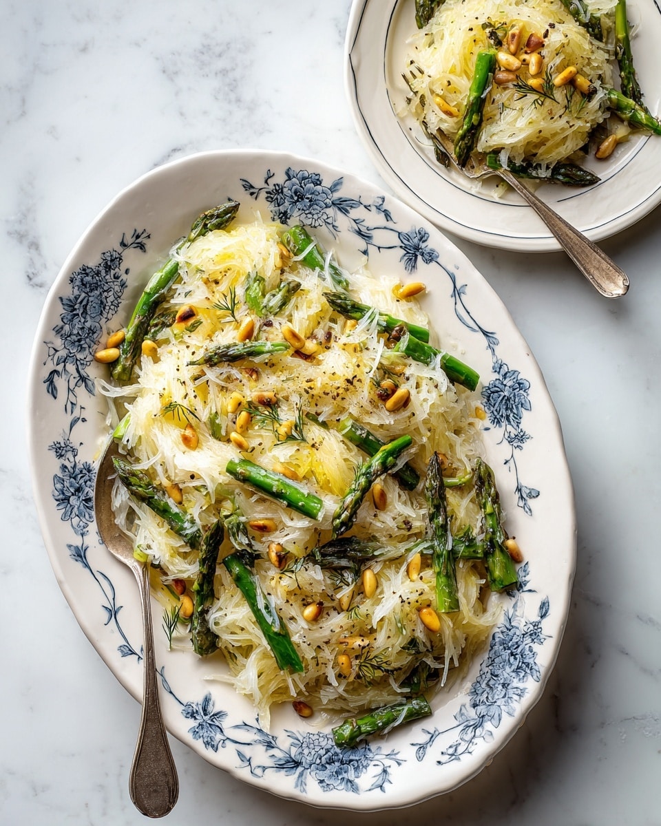 A large white oval plate with blue floral patterns holds a dish of creamy white shredded spaghetti squash mixed with bright green roasted asparagus pieces, topped with golden toasted pine nuts and sprinkled with black pepper and herbs; above it, a smaller white plate holds a smaller serving of the same dish, highlighting the creamy strands and green asparagus on a white marbled background. photo taken with an iphone --ar 4:5 --v 7