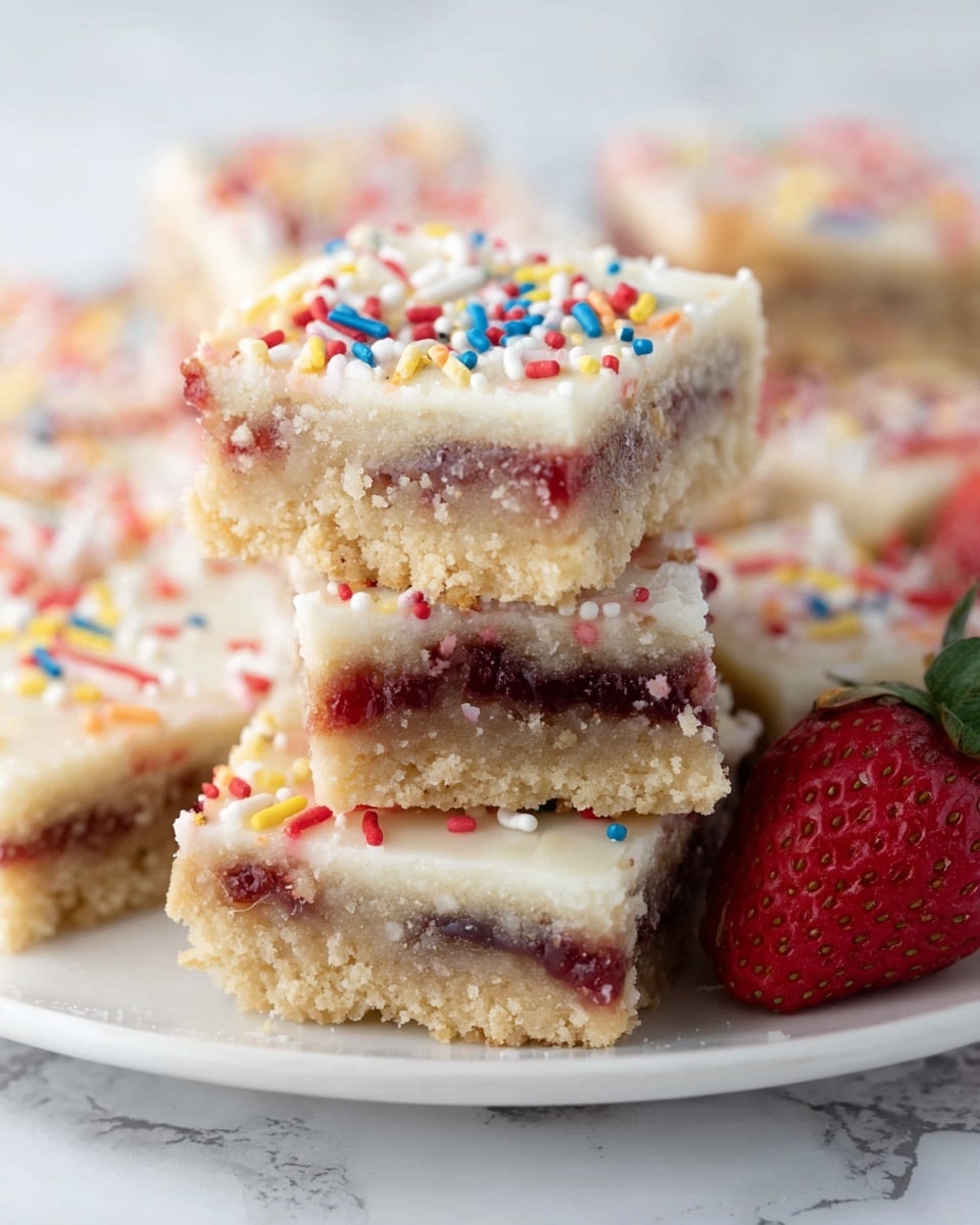 The image shows a close-up of a rectangular tray of small square dessert bars, arranged in a grid. Each bar has three visible layers: the bottom layer is a light golden crumbly crust, the middle layer is a pinkish strawberry jam filling, and the top layer is a smooth white icing decorated with colorful sprinkles in red, yellow, blue, and pink. One square bar is lifted slightly to reveal its layers more clearly, with a woman's hand holding it. In the background, some strawberries are scattered on a white marbled surface. The bars are presented on a sheet of brown parchment paper. photo taken with an iphone --ar 4:5 --v 7