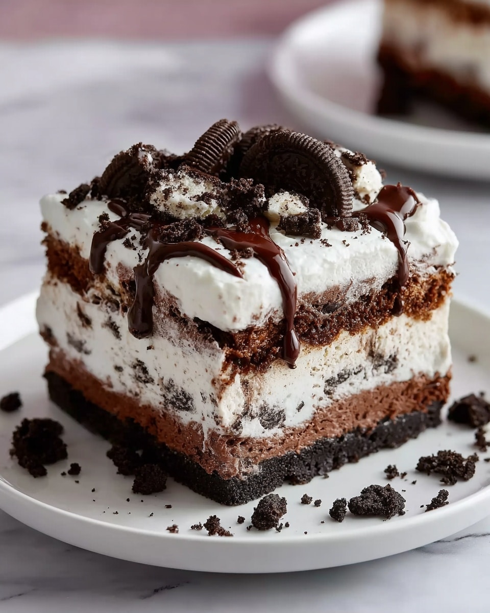 A square dessert slice with four visible layers sits on a white square plate against a white marbled texture. The bottom layer is dark brown cake, followed by a creamy white layer with cookie bits mixed in. Above that is another dark brown cake layer, topped by a thick white whipped cream layer. The top is decorated with chocolate cookie pieces, some whole and some crumbled, and drizzled with dark chocolate sauce. Crumbs are scattered around the dessert on the plate. Photo taken with an iphone --ar 4:5 --v 7