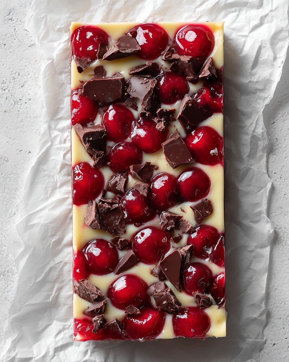 A rectangular dessert bar with a smooth, creamy light yellow base layer evenly spread to the edges, topped with uneven patches of dark brown chocolate and vibrant red cherry filling. The dark chocolate patches have a rough, slightly cracked texture, while the cherry filling is glossy and thick with whole cherries visible inside. The dessert rests on crumpled white parchment paper against a white marbled textured surface. photo taken with an iphone --ar 4:5 --v 7
