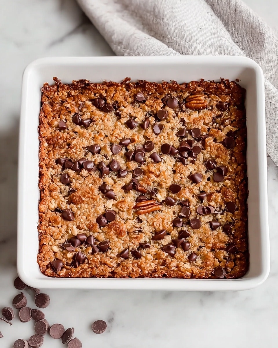 A square baked dessert in a white ceramic baking dish sits on a white marbled surface with a light gray cloth nearby; the dessert has a golden-brown, crumbly top layer studded with scattered dark chocolate chips and a few visible pecan halves, creating a textured and slightly uneven surface with edges that are more browned and crisp. Photo taken with an iphone --ar 4:5 --v 7