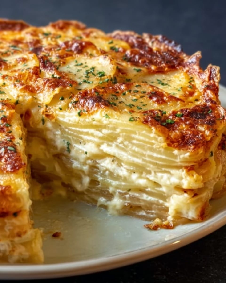 A thick slice of creamy layered potato gratin is shown on a white plate, with at least six visible soft layers of thinly sliced golden potatoes stacked evenly. The top layer is browned and bubbly with melted cheese, browned bits, and sprinkled green herbs, while the inside layers look smooth and tender with a pale yellow color from the creamy sauce. The edges are slightly crisp and golden. The photo is taken with an iphone --ar 4:5 --v 7