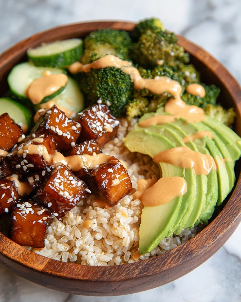 A wooden bowl holds a colorful dish with four distinct layers. The bottom layer is light brown cooked rice, covering one side of the bowl. Next to the rice, fresh bright green avocado slices are fanned out, topped with creamy light orange sauce drizzles. On another side, steamed broccoli florets with a deep green color sit beside light green cucumber slices. The top layer features shiny, dark brown glazed chunks of tofu or tempeh, coated with a drizzle of the same orange sauce and sprinkled with white sesame seeds. The bowl rests on a white marbled surface, and the photo is taken close-up, highlighting the sauce’s texture and the gloss on the tofu pieces. Photo taken with an iphone --ar 4:5 --v 7