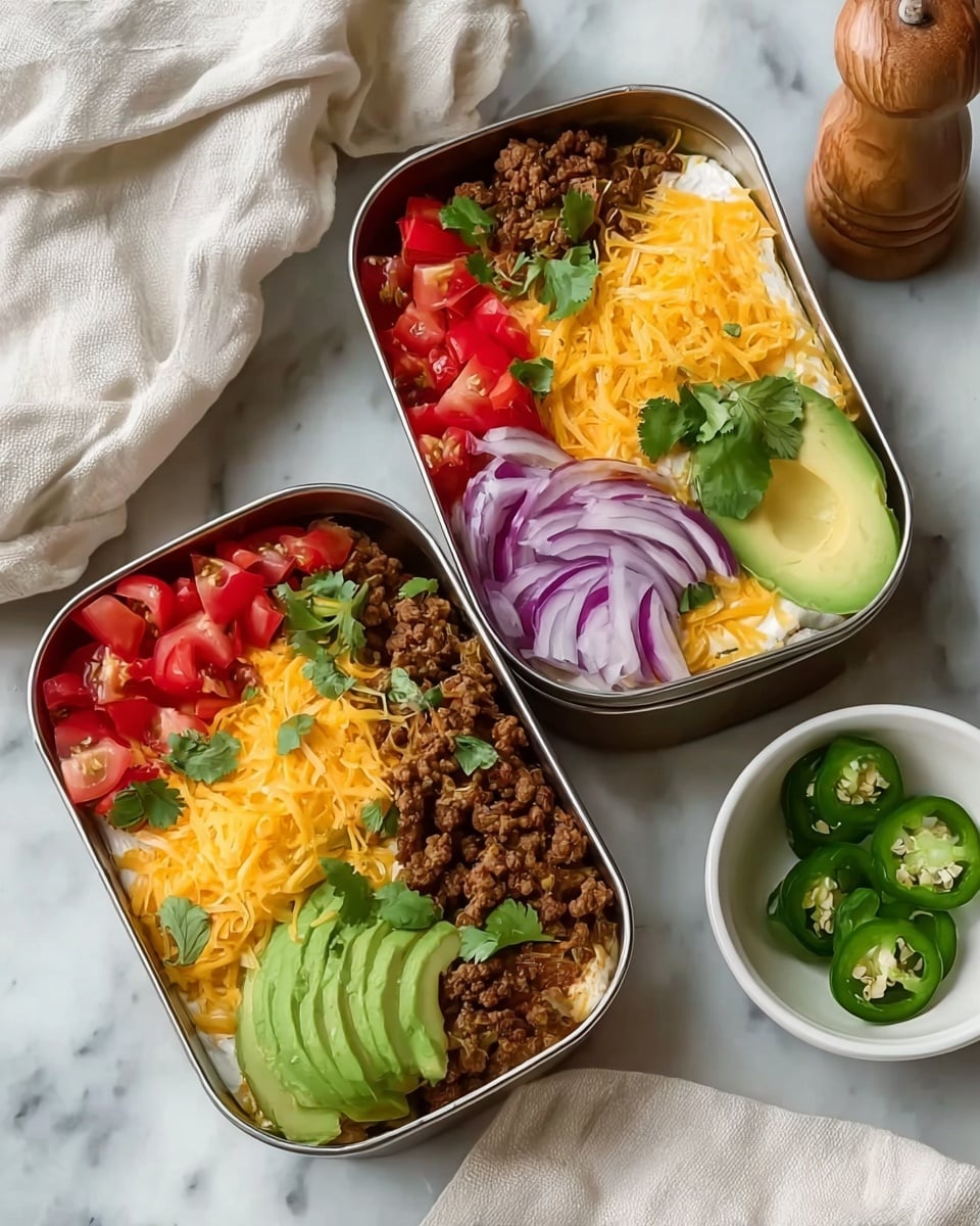 Two rectangular metal containers sit on a white marbled surface, both filled with layers of food. Each container has a bottom layer of creamy white sauce, topped with browned ground meat, then sprinkled with shredded bright yellow cheddar cheese. On top of the cheese, there are diced red tomatoes with green cilantro leaves. One container has thin purple onion slices and two slices of light green avocado fanned out on one side, while the other container has similar onion slices, two green jalapeño slices and a fanned avocado. In the background, there is a small white bowl with extra green jalapeño slices and a wooden pepper grinder. A white cloth is placed near the containers. Photo taken with an iphone --ar 4:5 --v 7