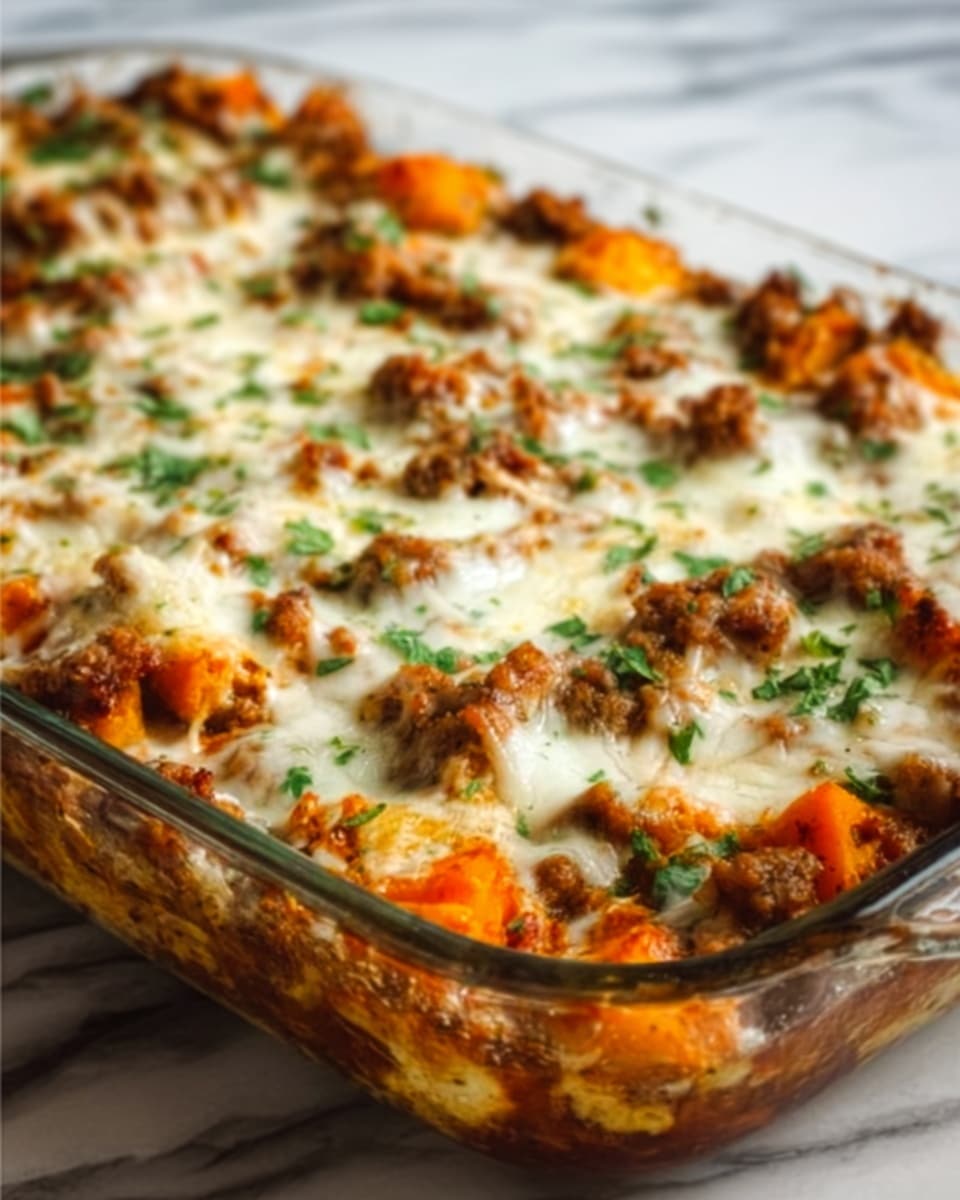 This image shows a glass baking dish filled with a layered casserole, topped with melted white cheese that looks soft and stringy. Underneath the cheese, there are visible chunks of bright orange vegetables and browned pieces of meat mixed with some green herbs scattered on top. The edges of the dish show some bubbling sauce that looks rich and thick. The baking dish is placed on a white marbled surface, giving a clean and fresh look to the image. photo taken with an iphone --ar 4:5 --v 7